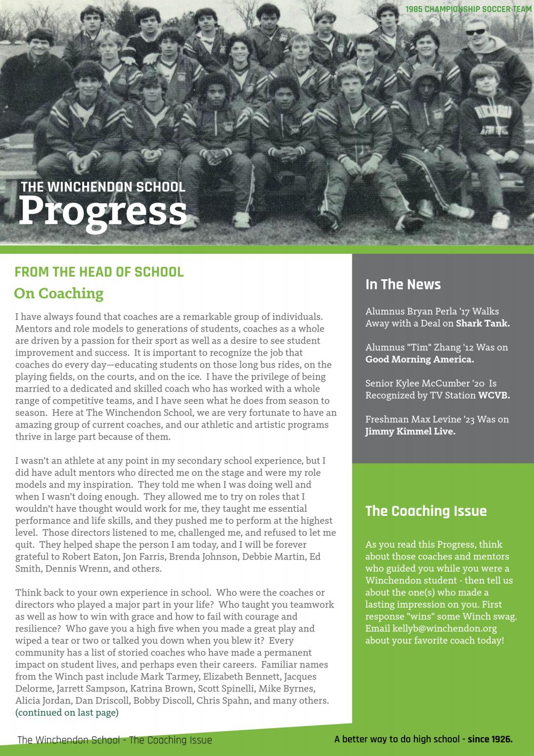 Progress the Magazine for Alumni of The Winchendon School Winter 2019 by The Winchendon School