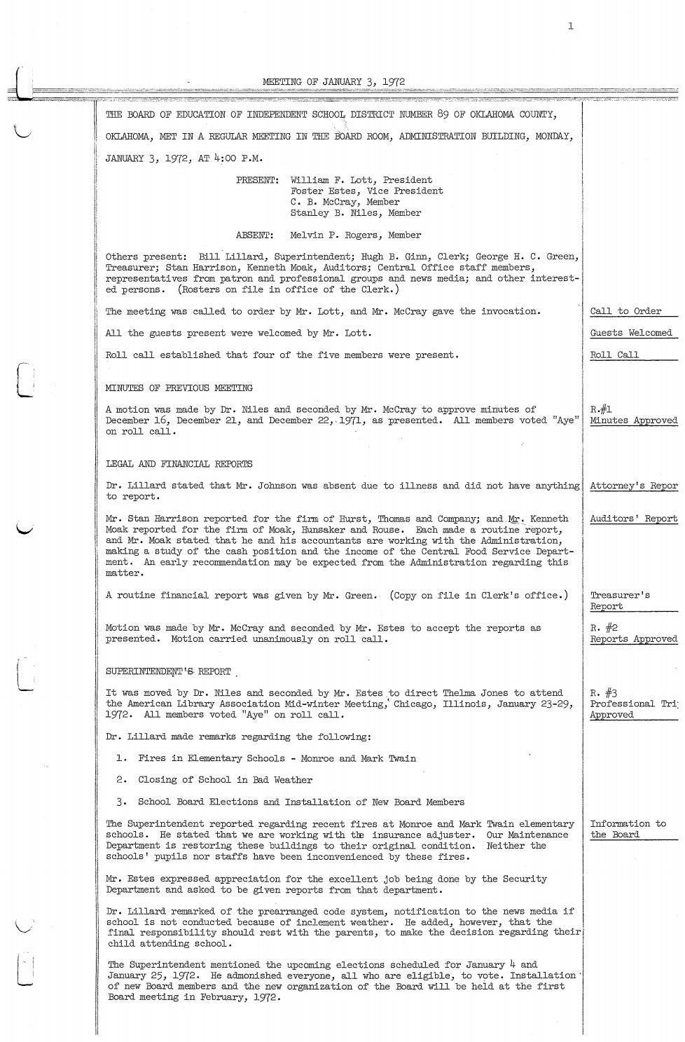 Oklahoma City Public Schools Board Meeting Minutes, 1972 by