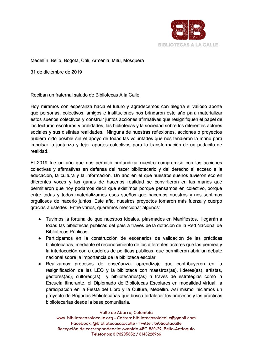 Carta de agradecimiento por este año 2019 by BibliotecasAlaCalle  Issuu