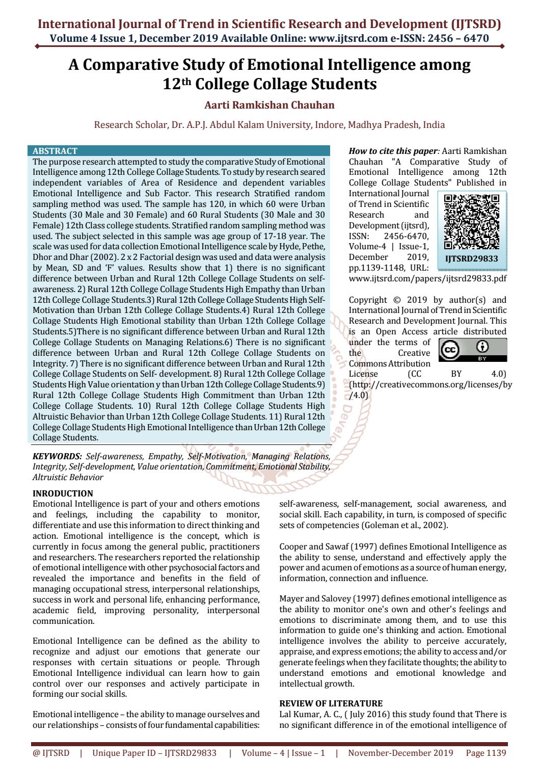 A Comparative Study Of Emotional Intelligence Among 12th College Collage Students By International Journal Of Trend In Scientific Research And Development Issn 2456 6470 Issuu