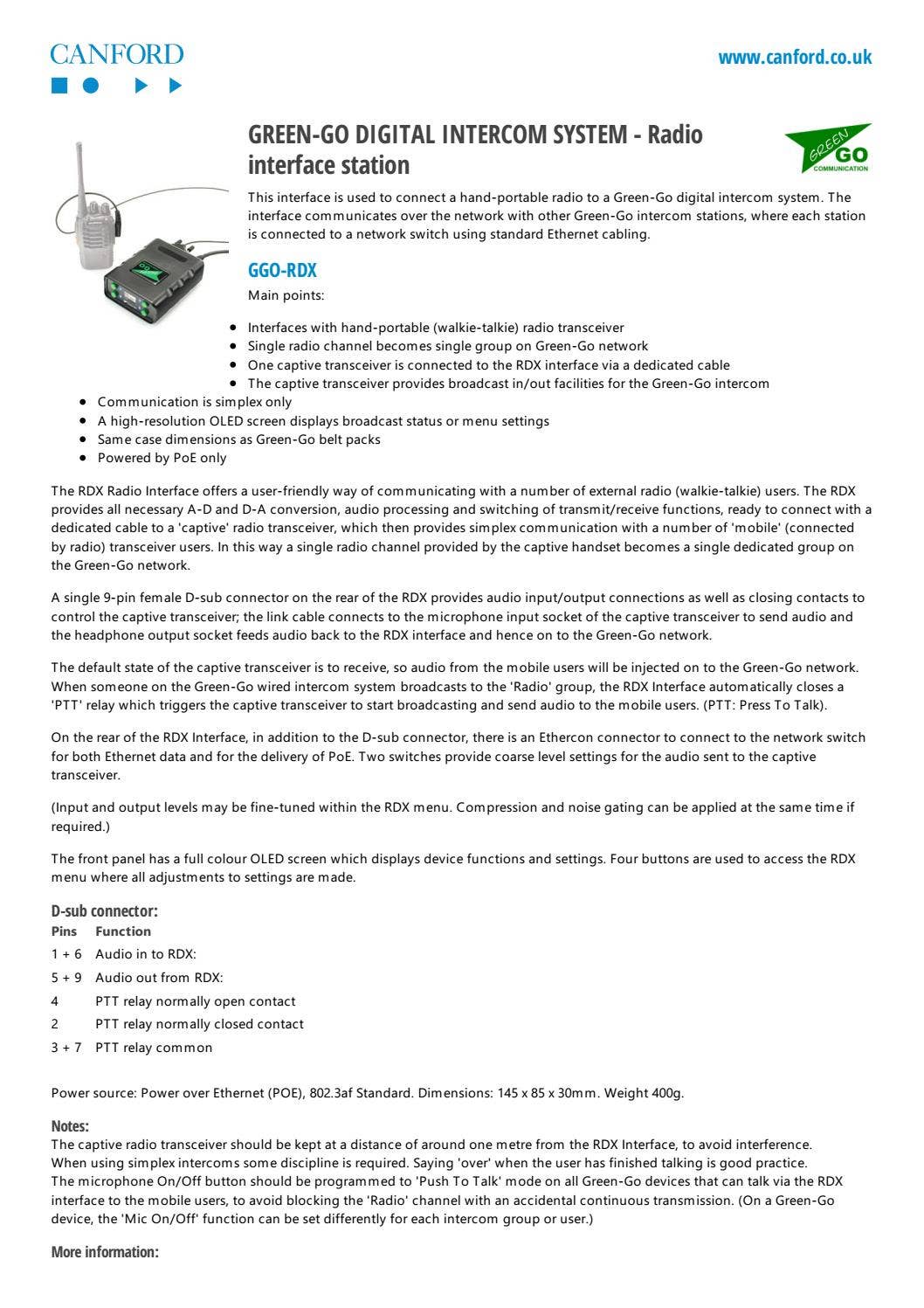 GREEN-GO DIGITAL INTERCOM SYSTEM - Radio interface station by Canford ...