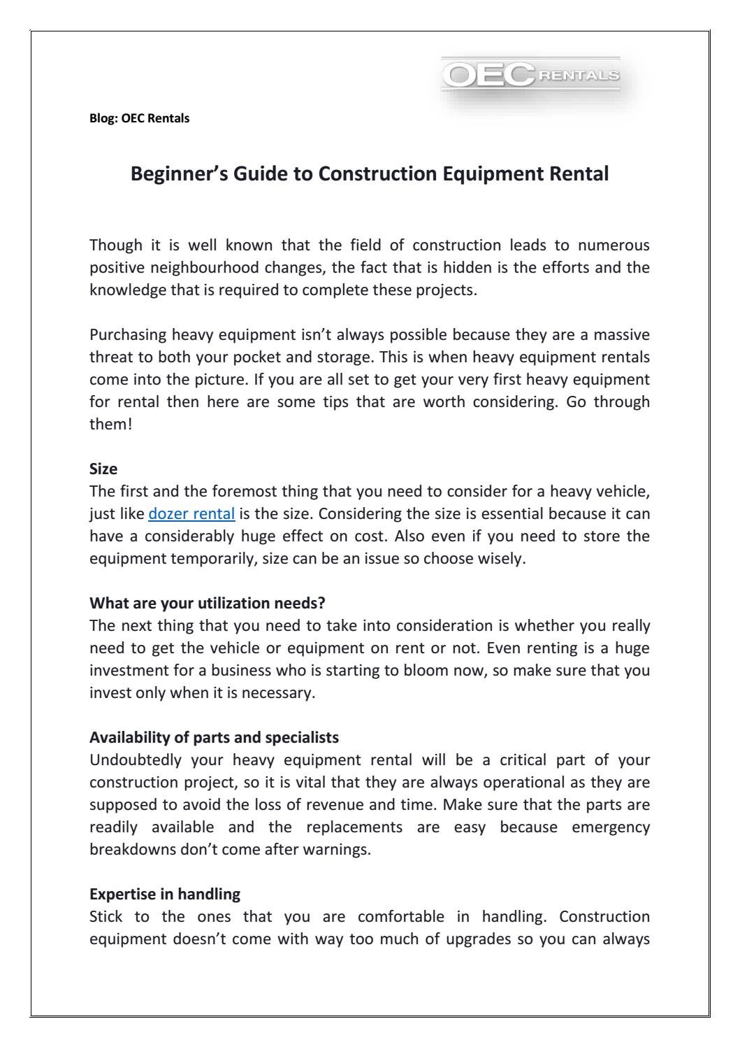 Beginner’s guide to construction equipment rental by OEC Rentals Issuu