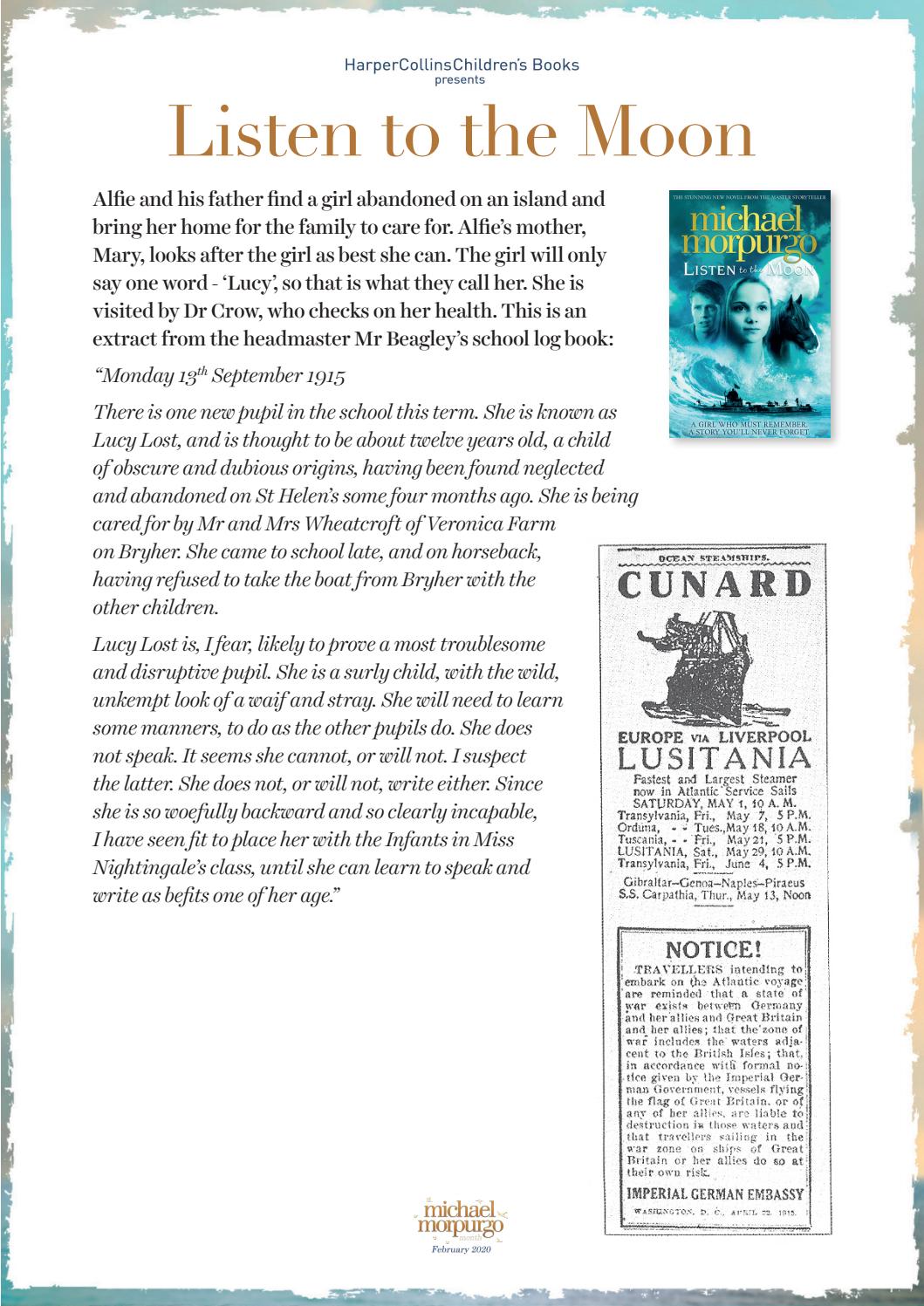 Michael Morpurgo Month 2020 Listen To The Moon Worksheet By Harpercollinschildrens Issuu