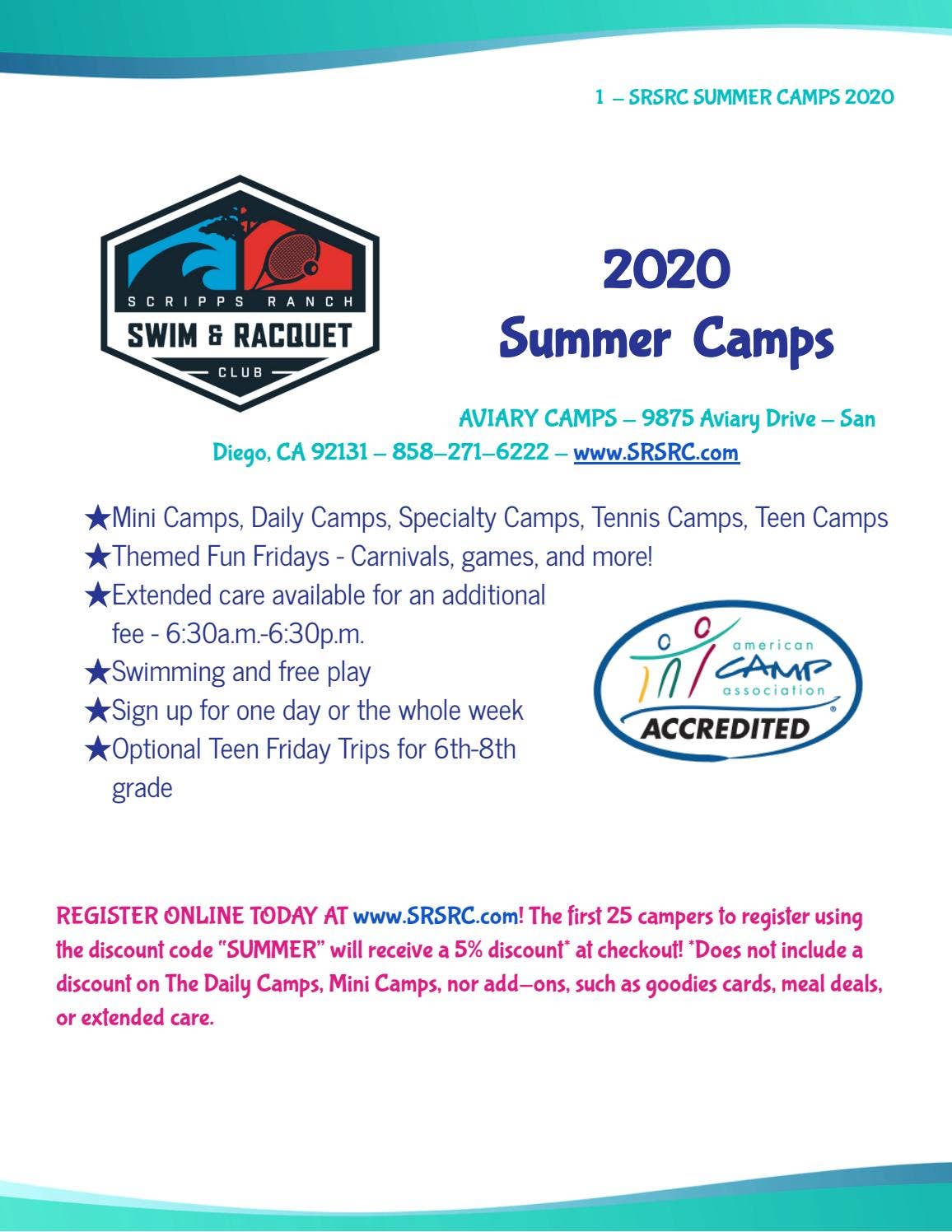 Summer 2020 Aviary Summer Camps at SRSRC by Scripps Ranch Swim ...