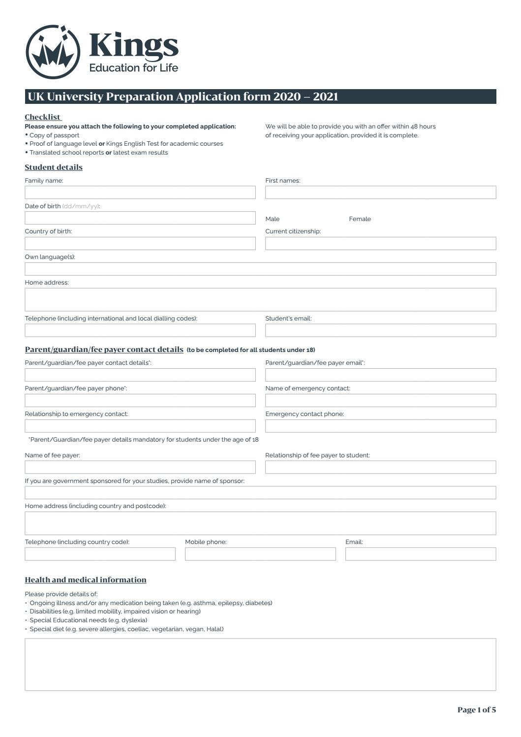 Kings Colleges UK Application Form 202021 by Kings Education Issuu
