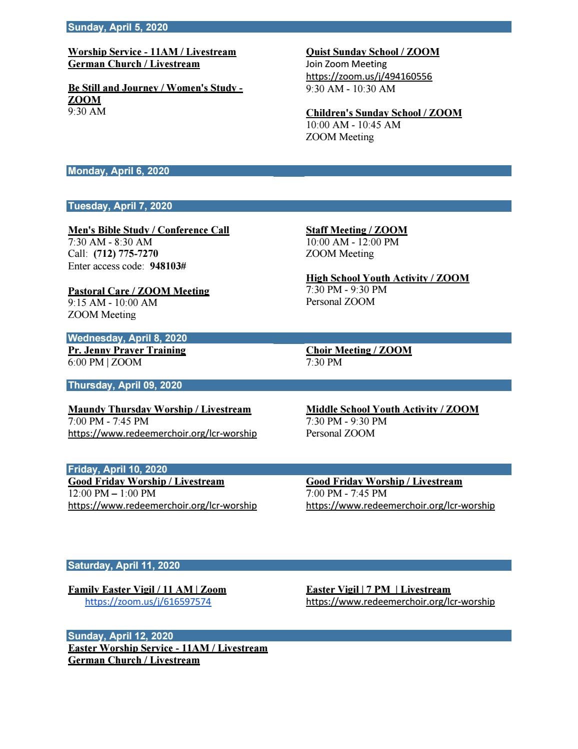 Sunday April 5 2020 Calendar Lutheran Church Of The Redeemer