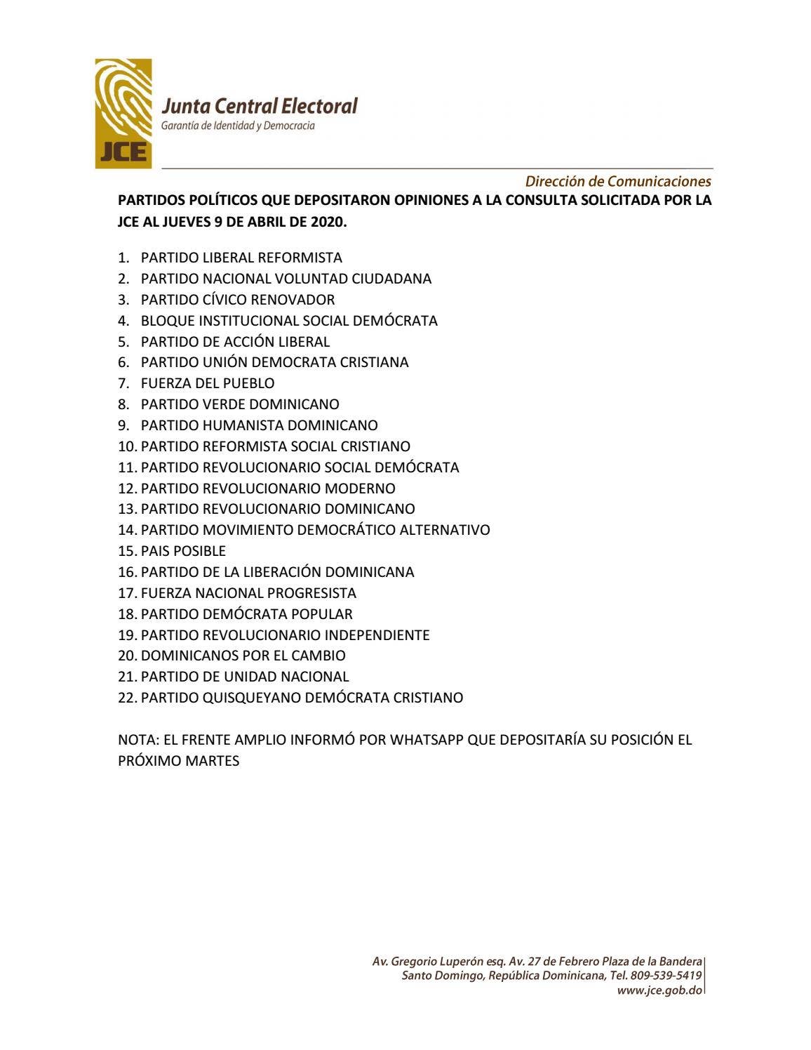 OPINIONES DE PARTIDOS SOBRE CONSULTA JCE RELATIVA A LAS ELECCIONES DE ...