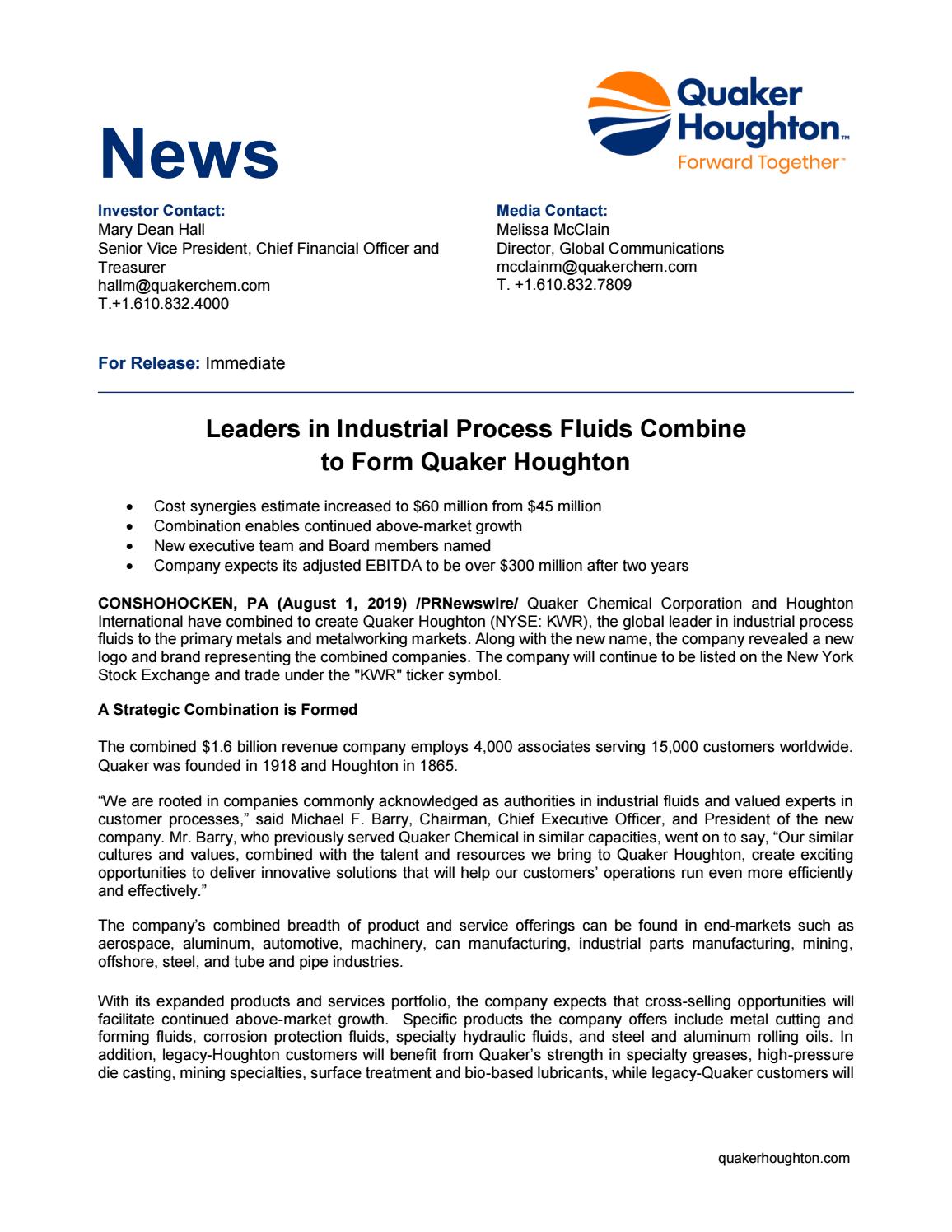 Leaders In Industrial Process Fluids Combine To Form Quaker Houghton by
