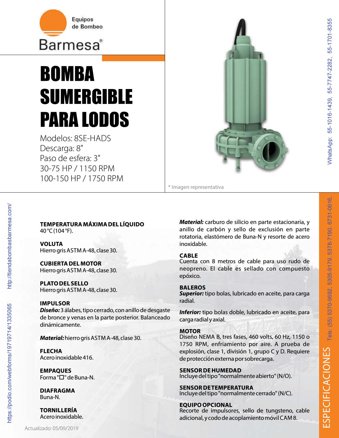 Ficha técnica 8SE-HADS, 1150 rpm 30 a 75 Hp, 1750 rpm 100 a 150 Hp http