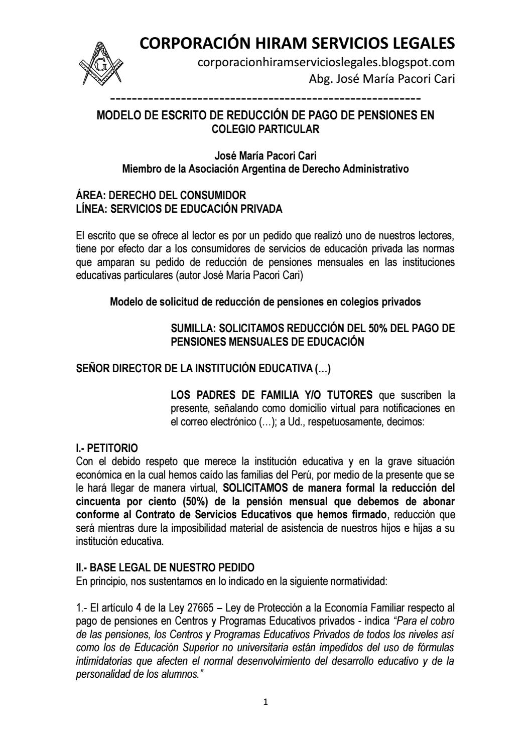 Modelo Escrito Reduccion Pensiones En Colegio Particular By Corporacionhiramservicioslegales Issuu