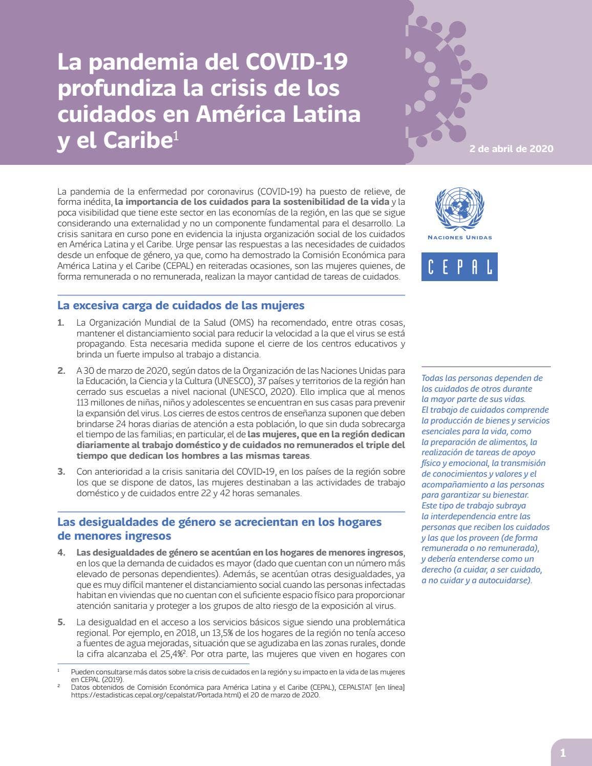 La pandemia del COVID-19 profundiza la crisis de los cuidados en ...