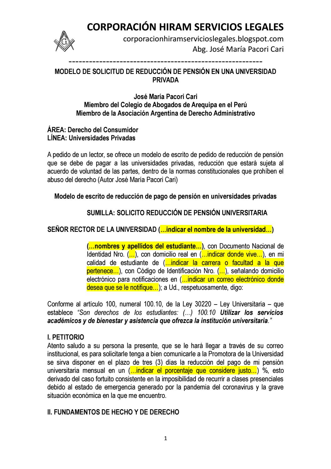 Modelo Solicitud Reduccion Pensiones Universidad Privada By Corporacionhiramservicioslegales Issuu