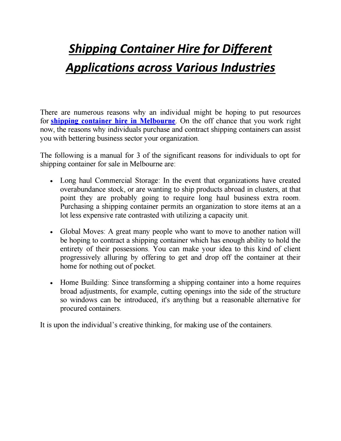 Shipping Container Hire for Different Applications across Various