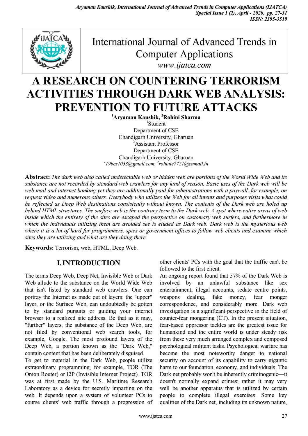A RESEARCH ON COUNTERING TERRORISM ACTIVITIES THROUGH DARK WEB ANALYSIS ...