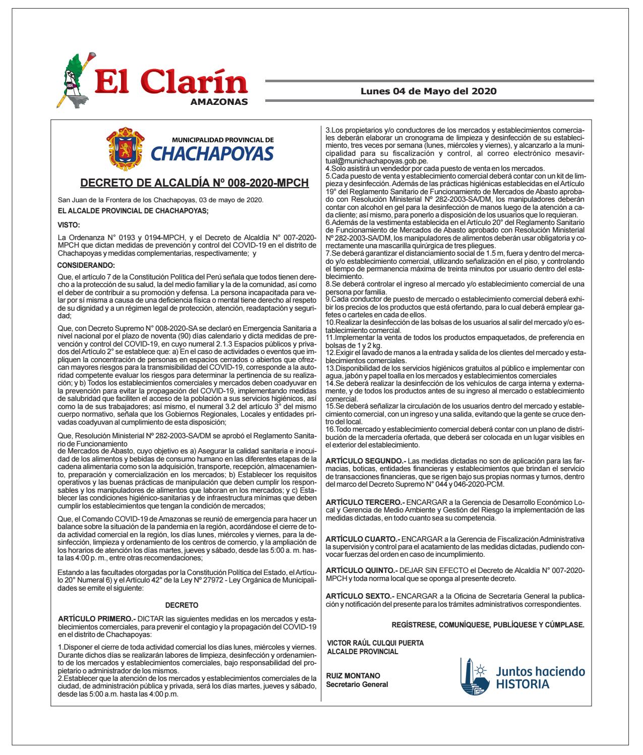 DECRETO DE ALCALDIA N? 008-2020-MPCH by Elmer Limay Campos - Issuu