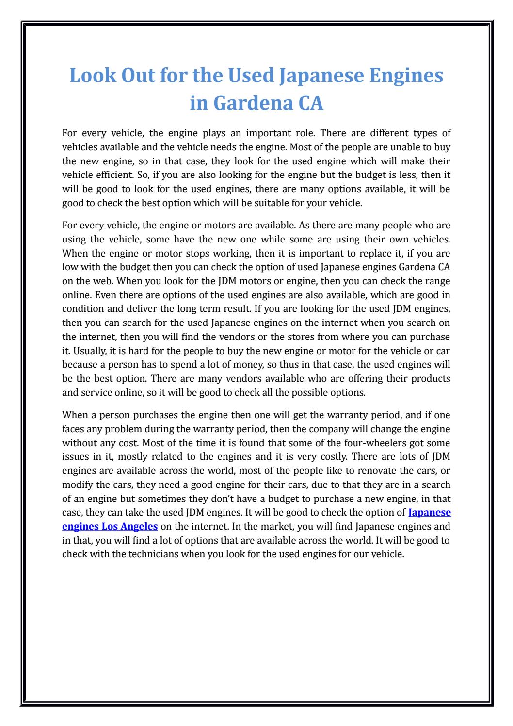 Look Out for the Used Japanese Engines in Gardena CA by Chirag Patel