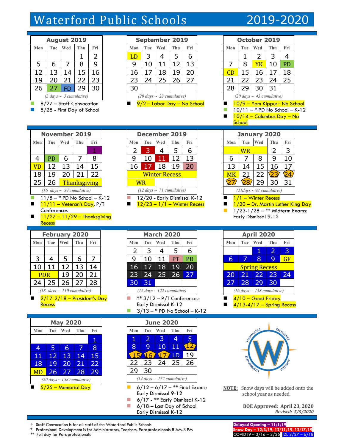 Waterford Public Schools 2019 2020 Calendar Revised By Waterford Public Schools Issuu