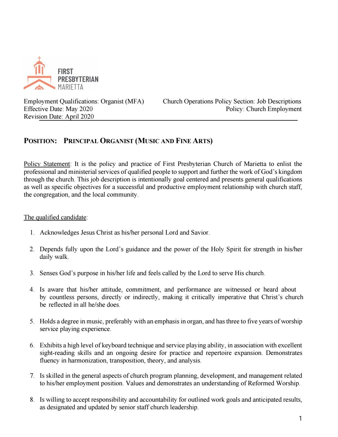 Principal Organist Job Description by fpcmarietta Issuu