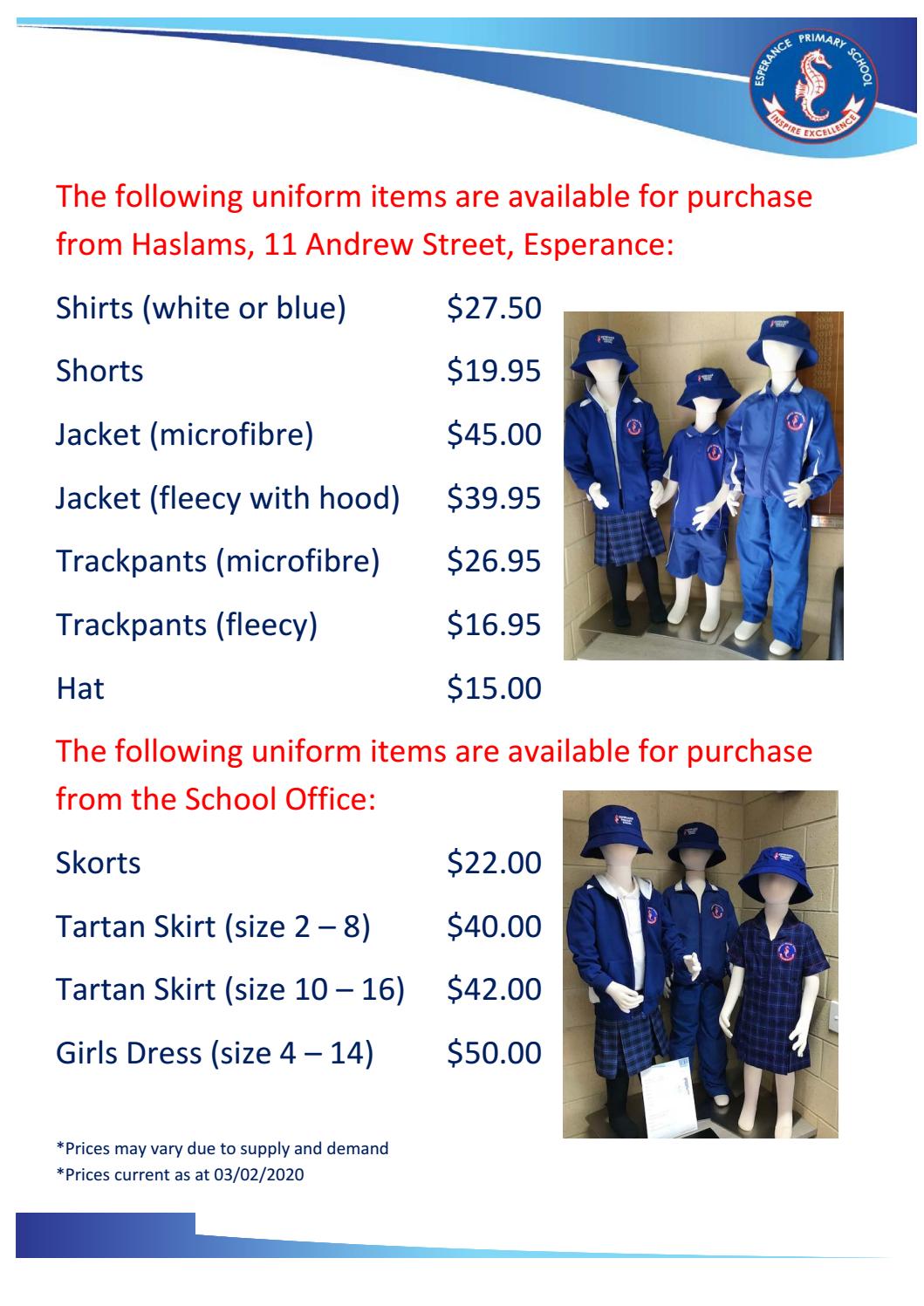 UNIFORM PRICE LIST Esperance Primary School by esperance.primary
