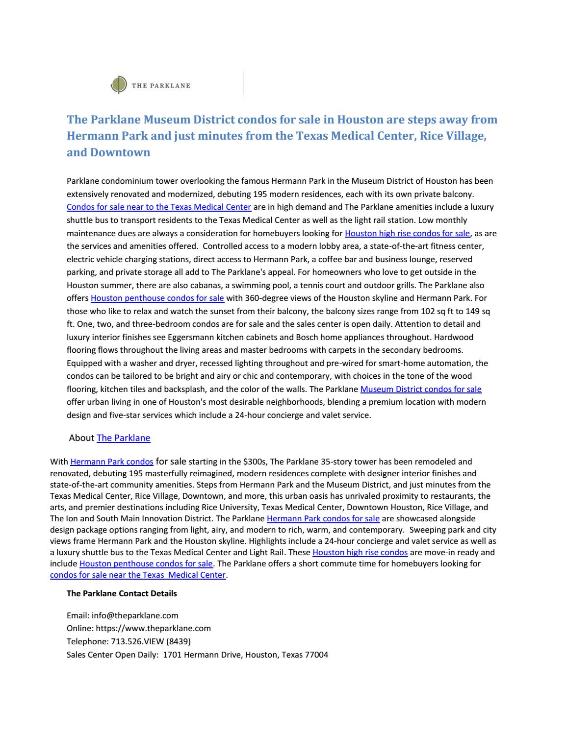 Hermann Park condos for sale at The Parklane offer luxury living in the