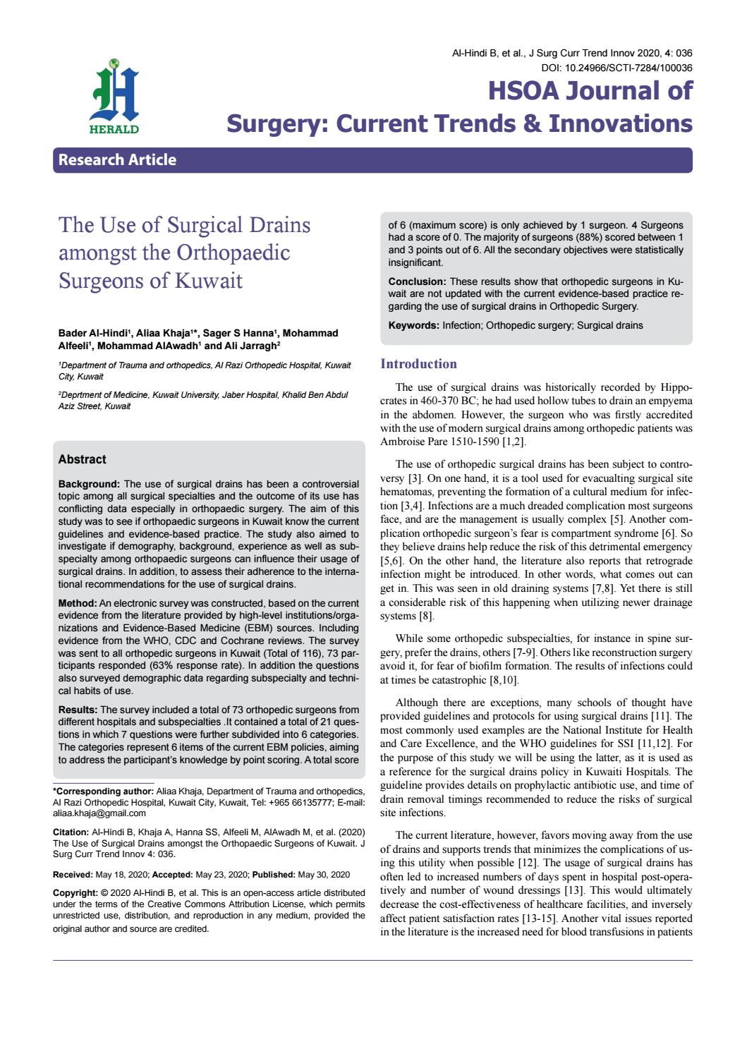 The Use of Surgical Drains amongst the Orthopaedic Surgeons of Kuwait