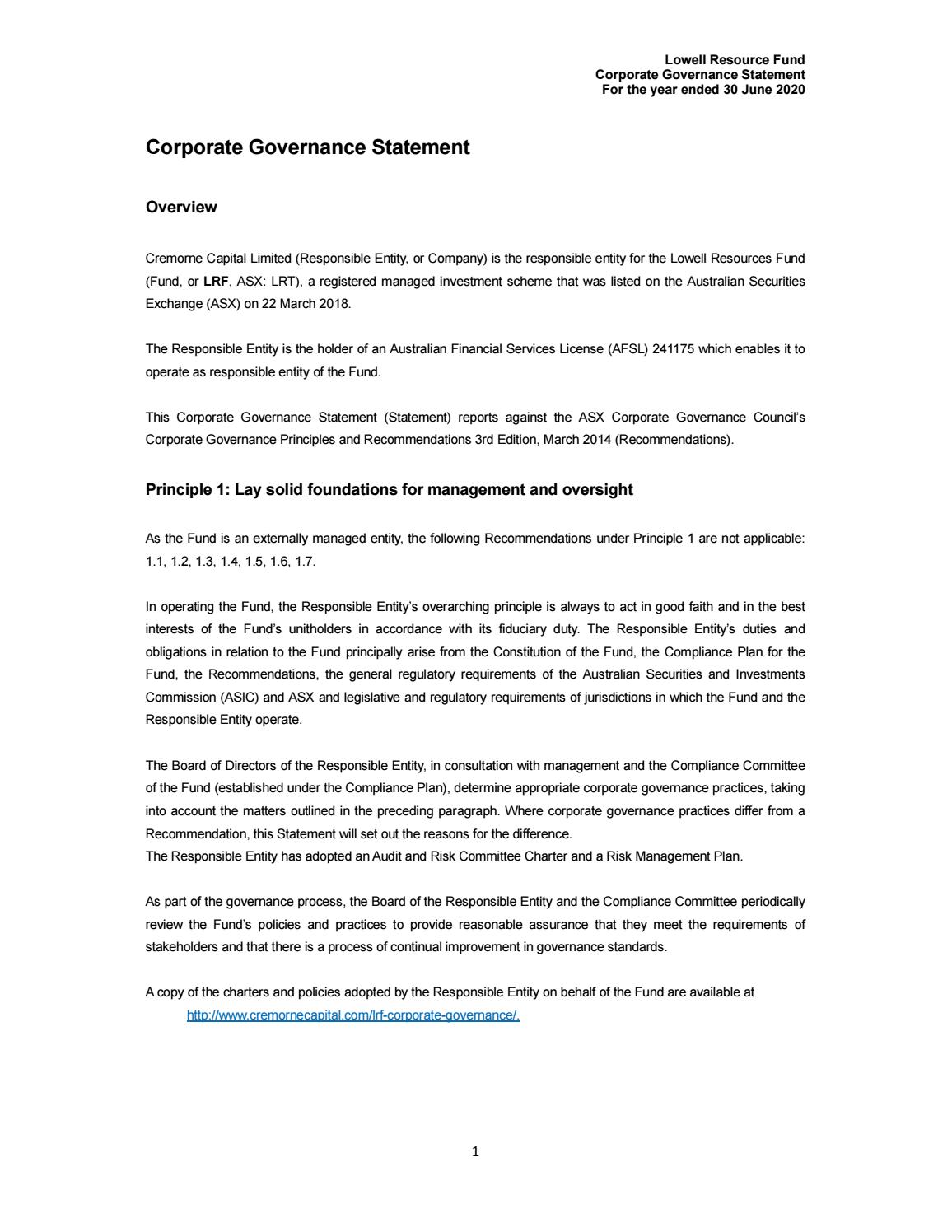 Lowell Resources Fund 2020 Corporate Governance Statement by Cremorne Capital Issuu