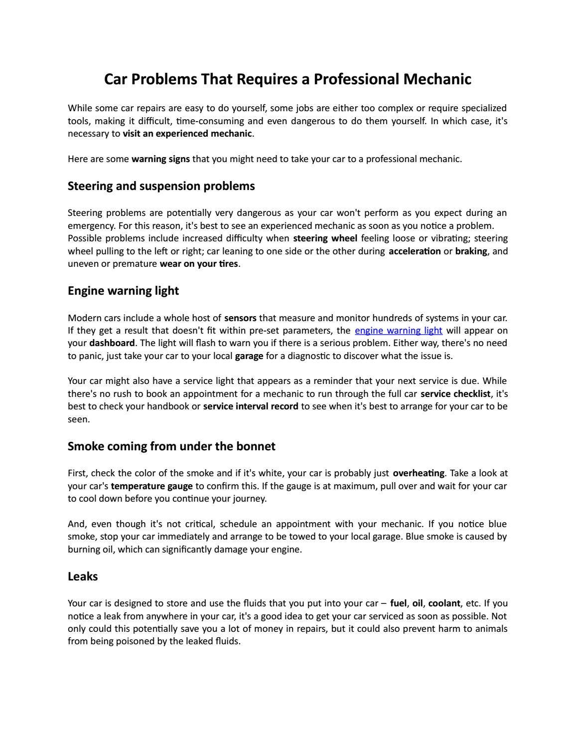 Car Problems That Requires a Professional Mechanic by Tanner Motors - Issuu