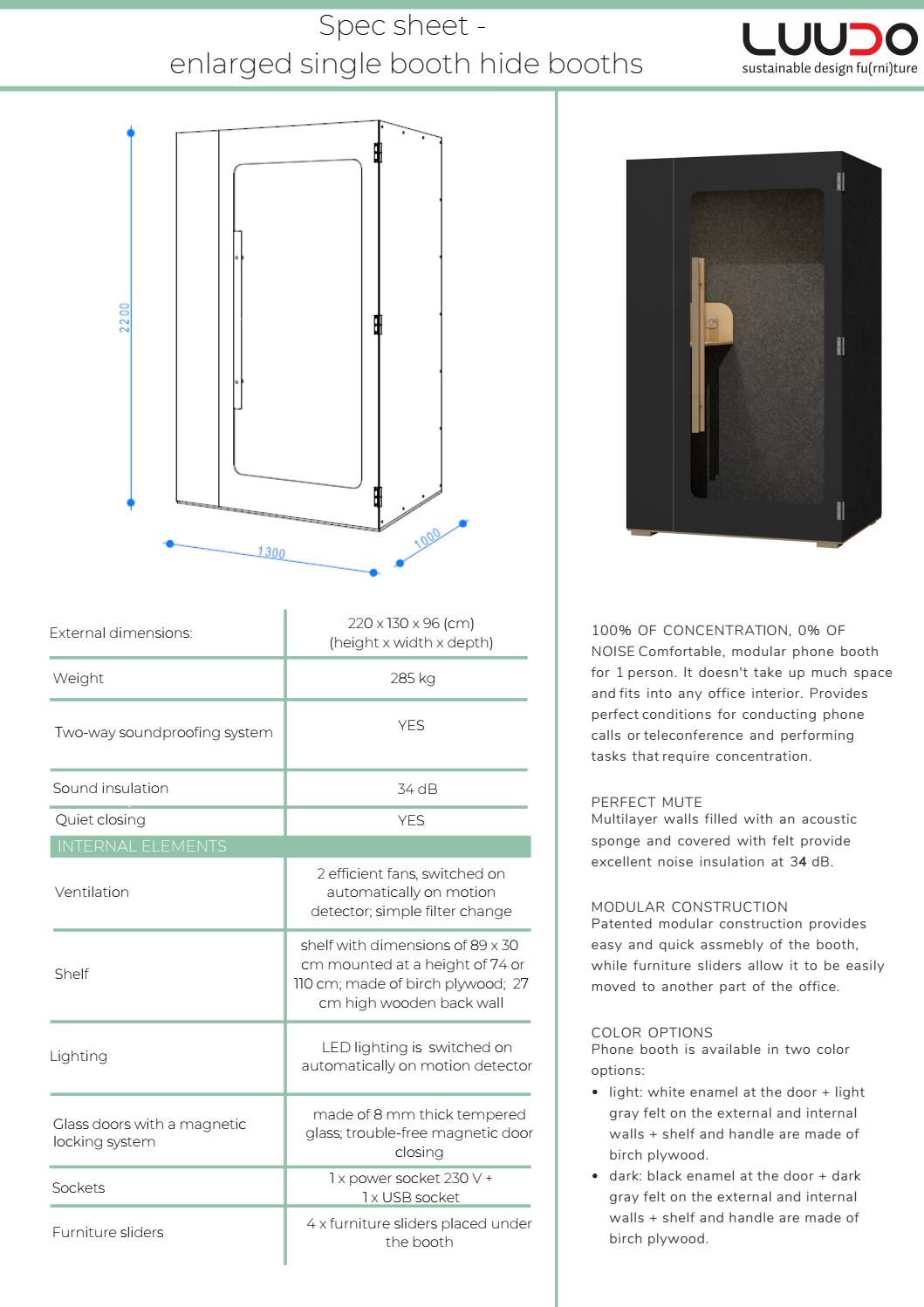 Spec sheet enlarged single booth hide booths by luudo sustainable fu