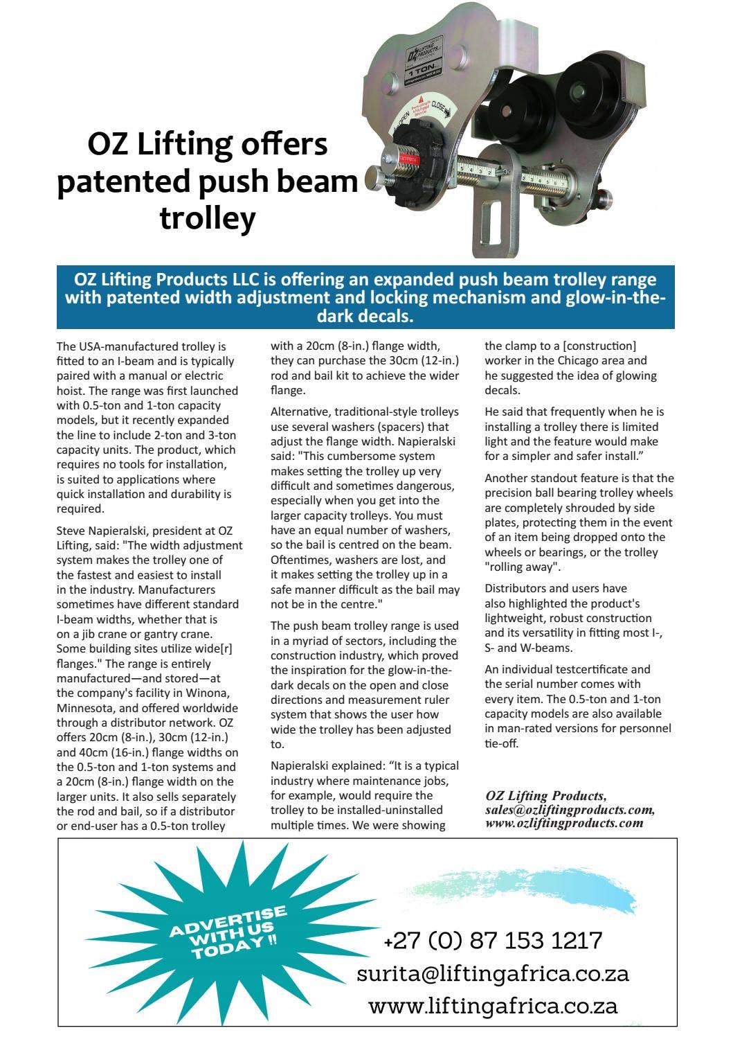 OZ Lifting offers patented push beam trolley by Lifting Africa - Issuu