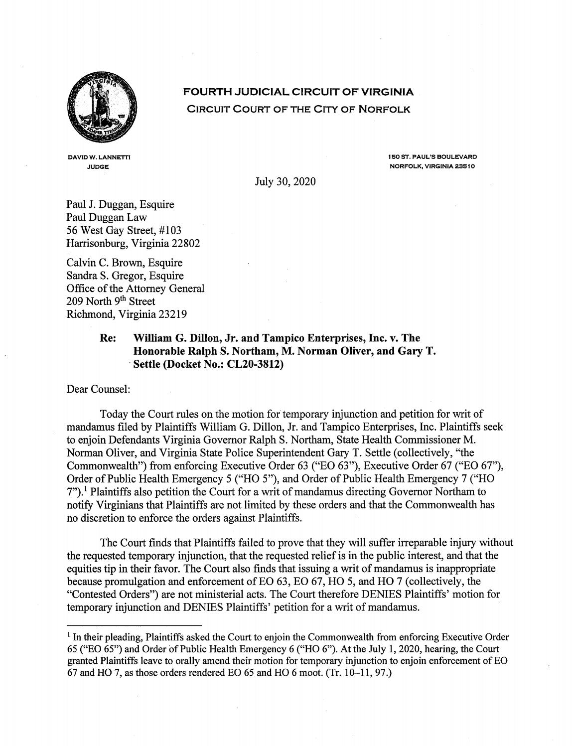 William G Dillon Jr Et Al V Hon Ralph Northam Et Al By Norfolk 