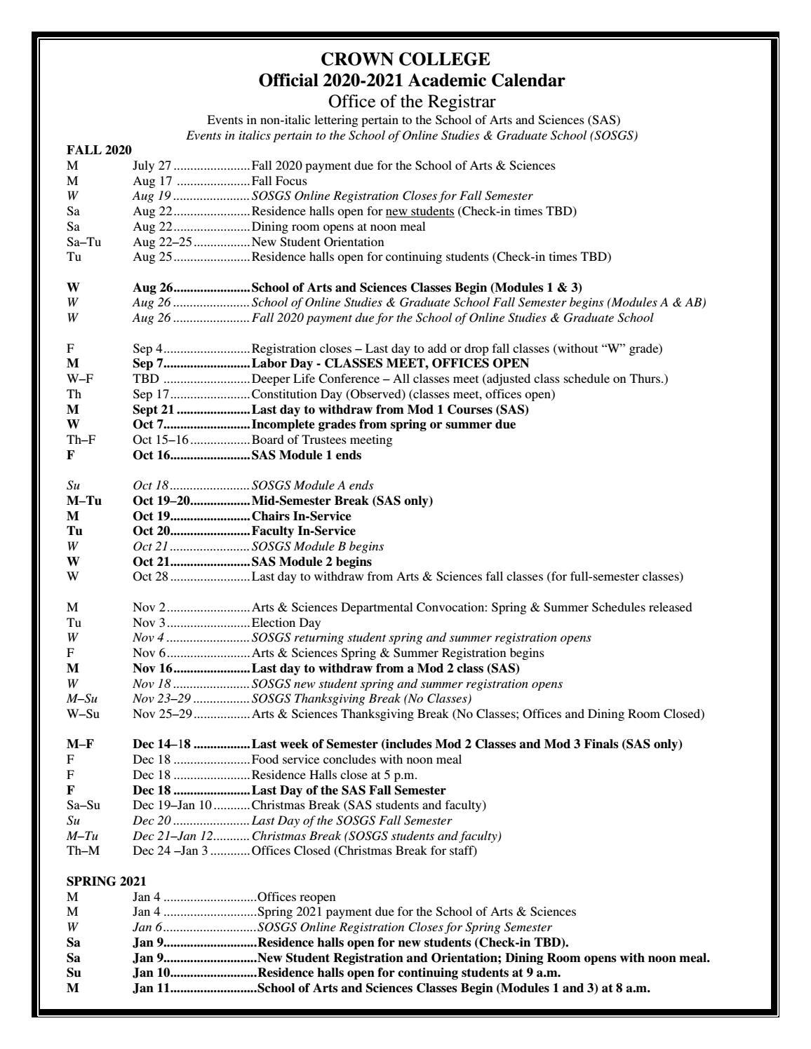 2020 21 Academic Calendar By Crown College Issuu
