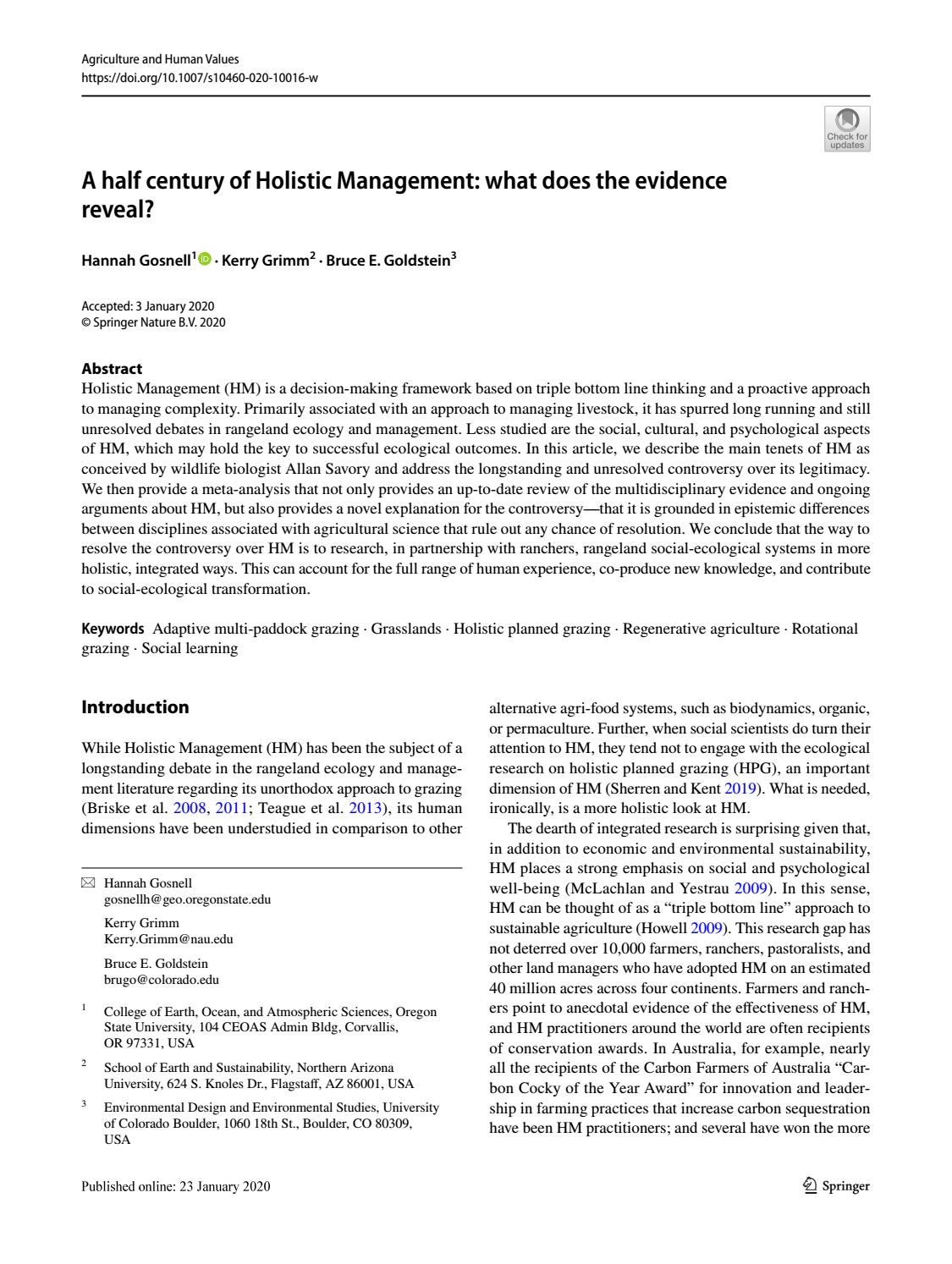 Gosnell, H. et al 2020. A half century of Holistic Management what