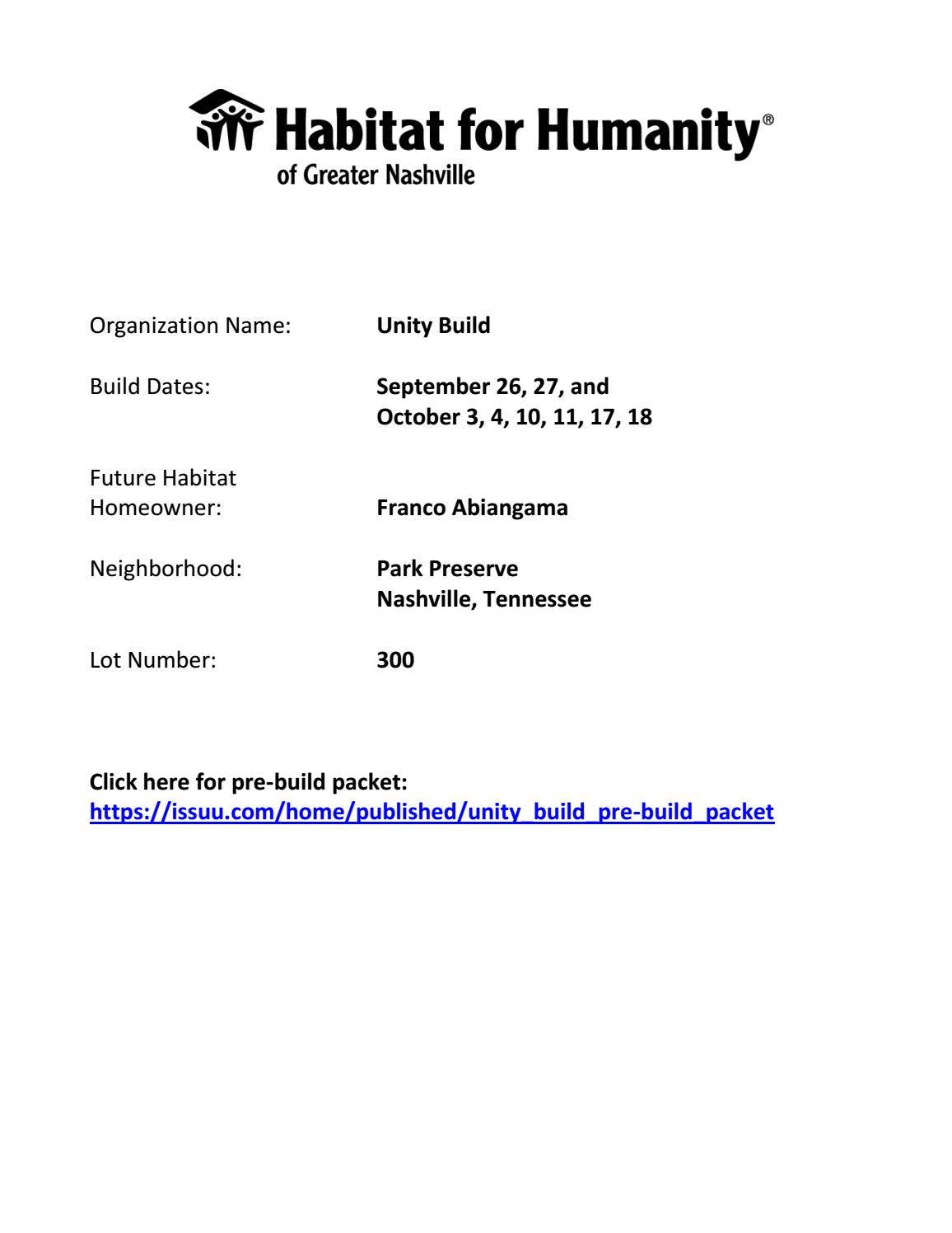 Unity Build Pre-Build Packet by Habitat for Humanity of Greater ...
