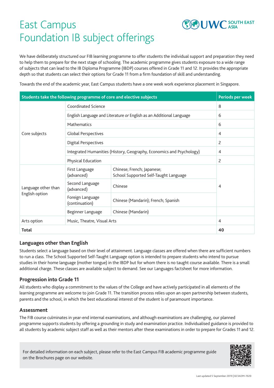 Subject Offering Grade 10 Foundation IB Dover And East By Uwcsea