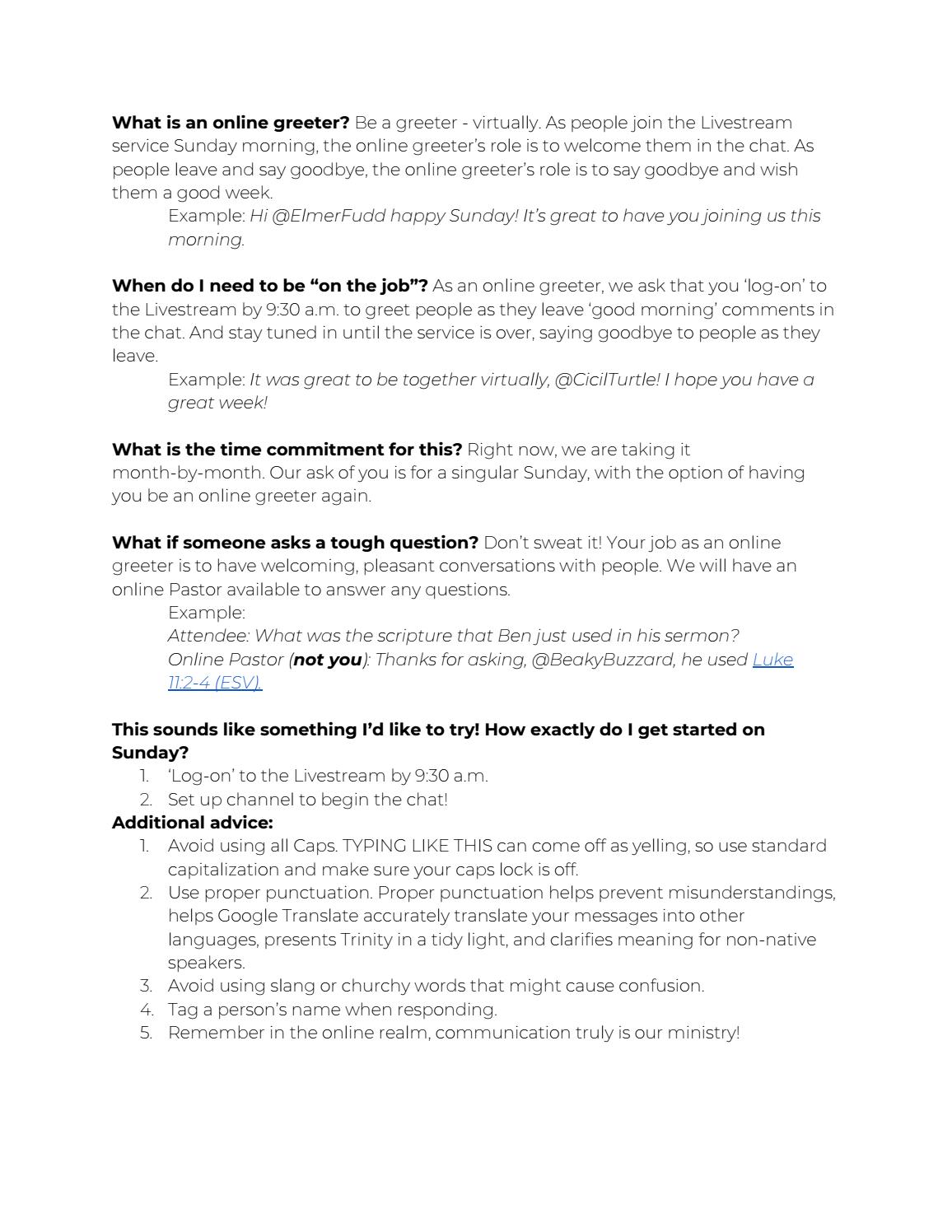First Impressions Online Greeter Role Description by Trinity Church