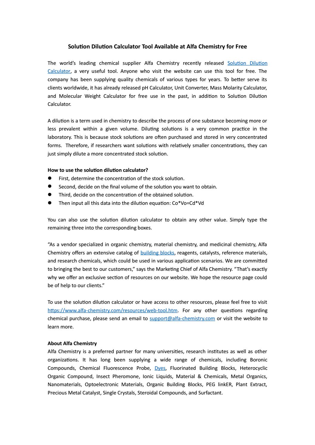 Solution Dilution Calculator Tool Available at Alfa Chemistry for Free