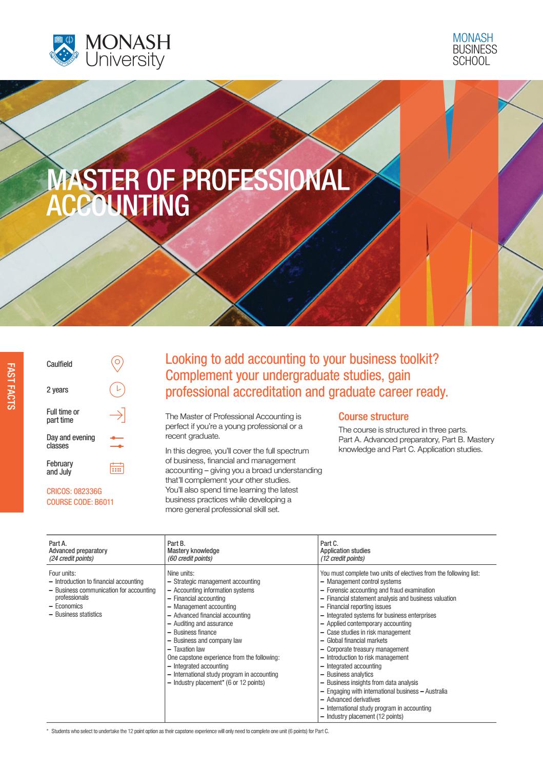 Master of Professional Accounting Fact Sheet by Monash Business