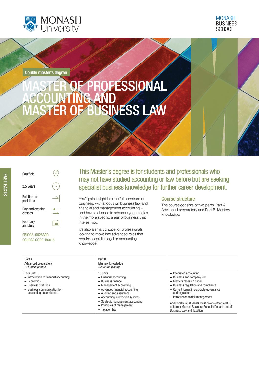 Master of Professional Accounting and Master of Business Law Fact