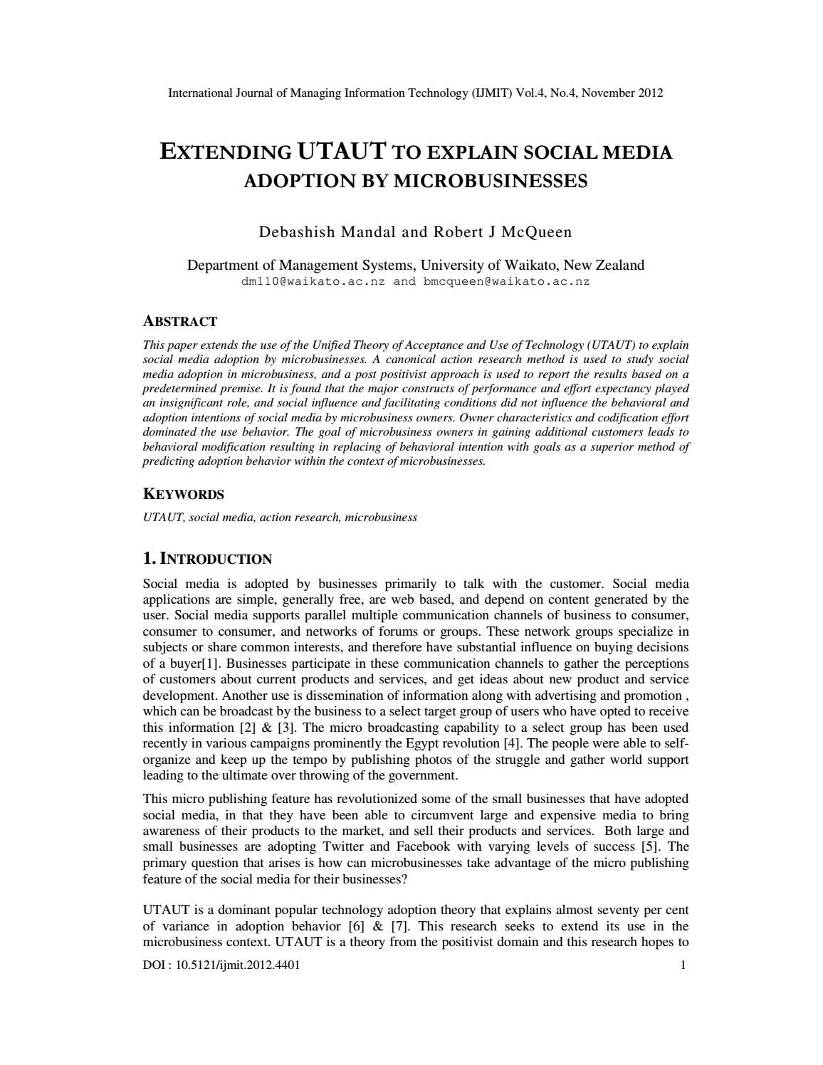 Extending UTAUT To Explain Social Media Adoption By Microbusinesses By 