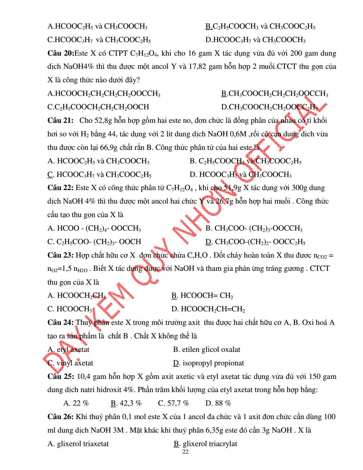 Chuyên đề ôn thi THPT QG Các dạng bài tập Este Câu hỏi và bài tập mẫu ...