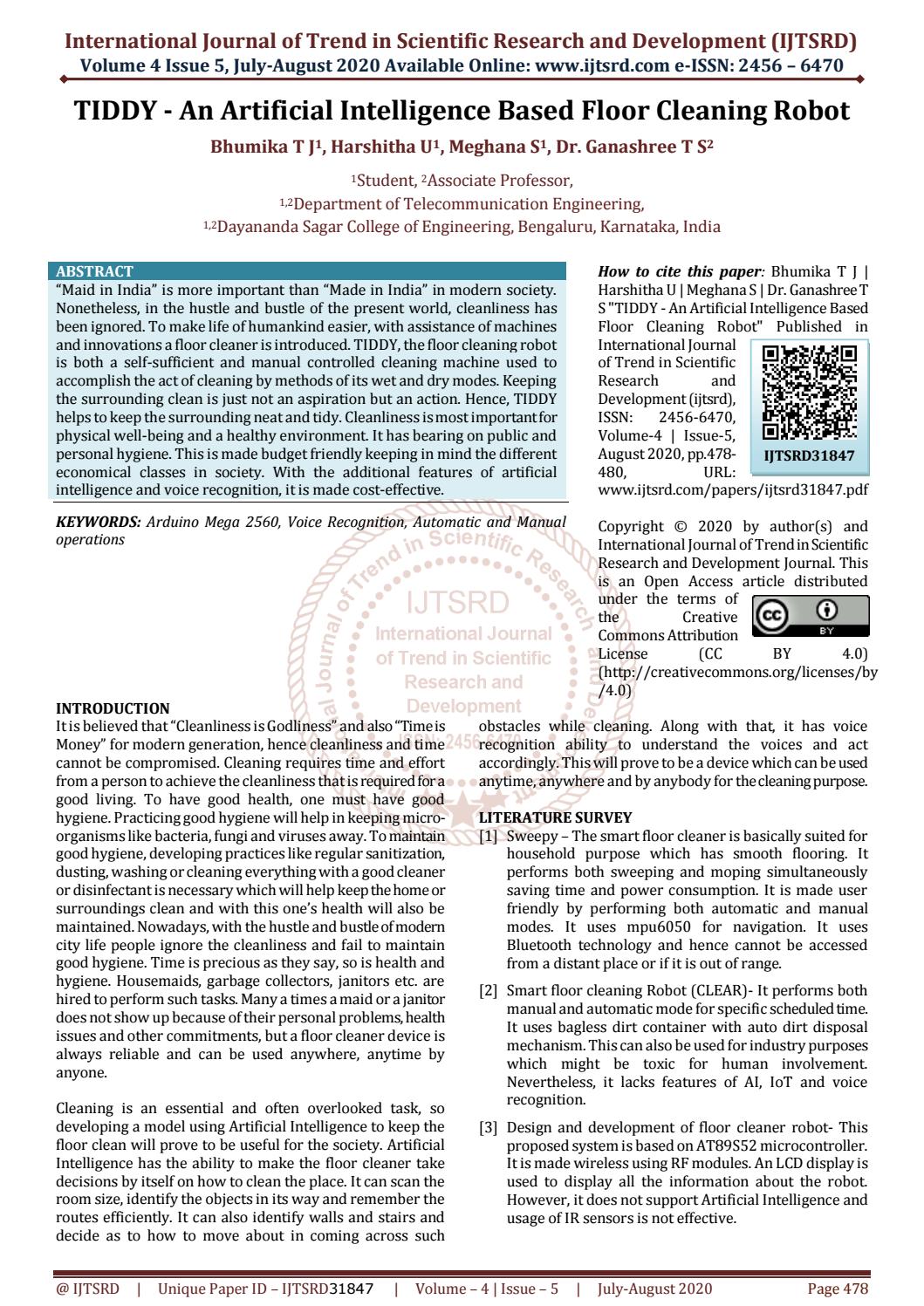 TIDDY An Artificial Intelligence Based Floor Cleaning Robot by