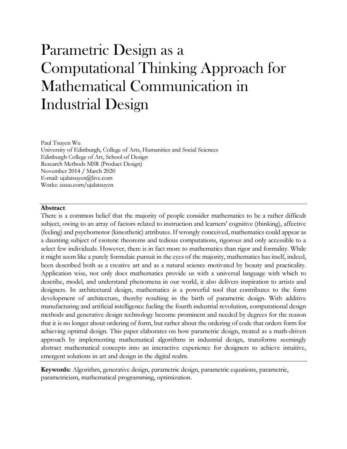 Parametric Design as a Computational Thinking Approach for Mathematical ...