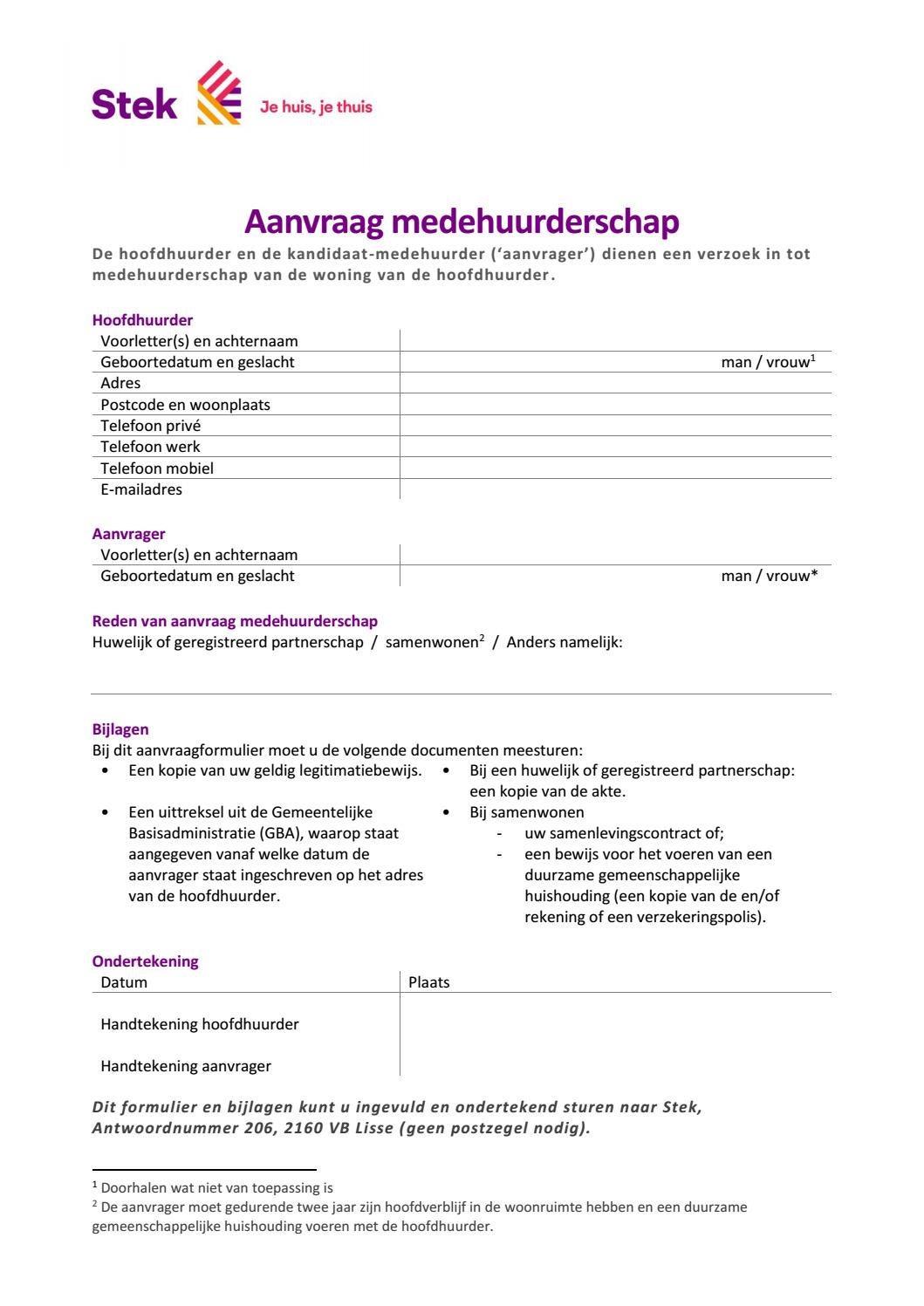 Formulier aanvraag medehuurderschap by Woonstichting Stek  Issuu