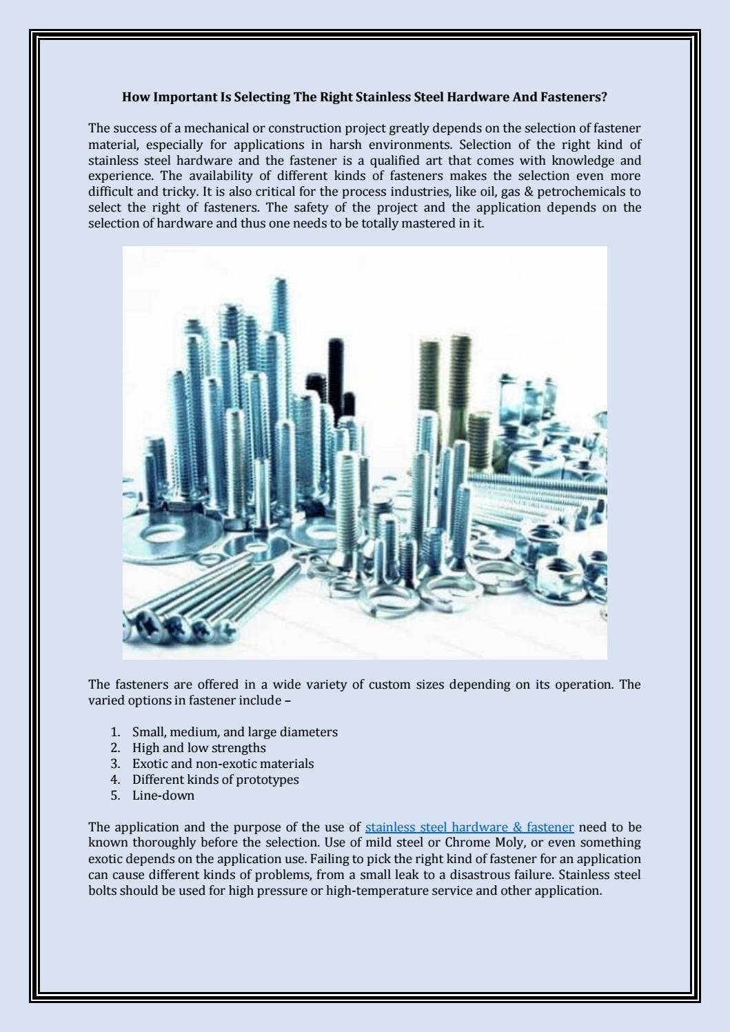 Selecting Fasteners Selecting the Right Stainless Steel Fasteners by Newport Fasteners - Issuu