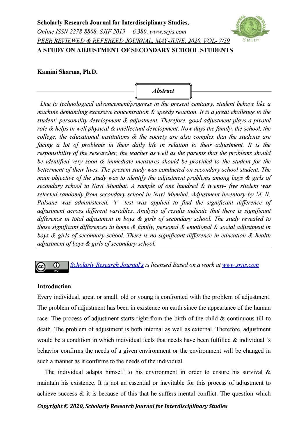 A STUDY ON ADJUSTMENT OF SECONDARY SCHOOL STUDENTS by Scholarly ...