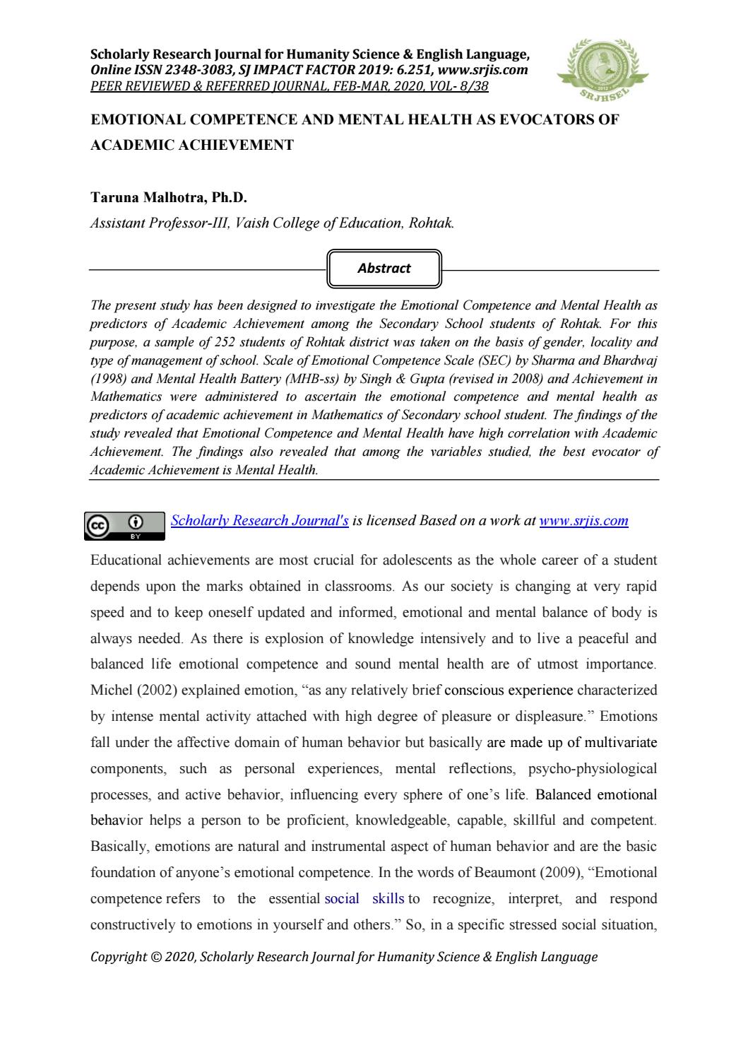 Emotional Competence And Mental Health As Evocators Of Academic Achievement By Scholarly Research Journal S Issuu