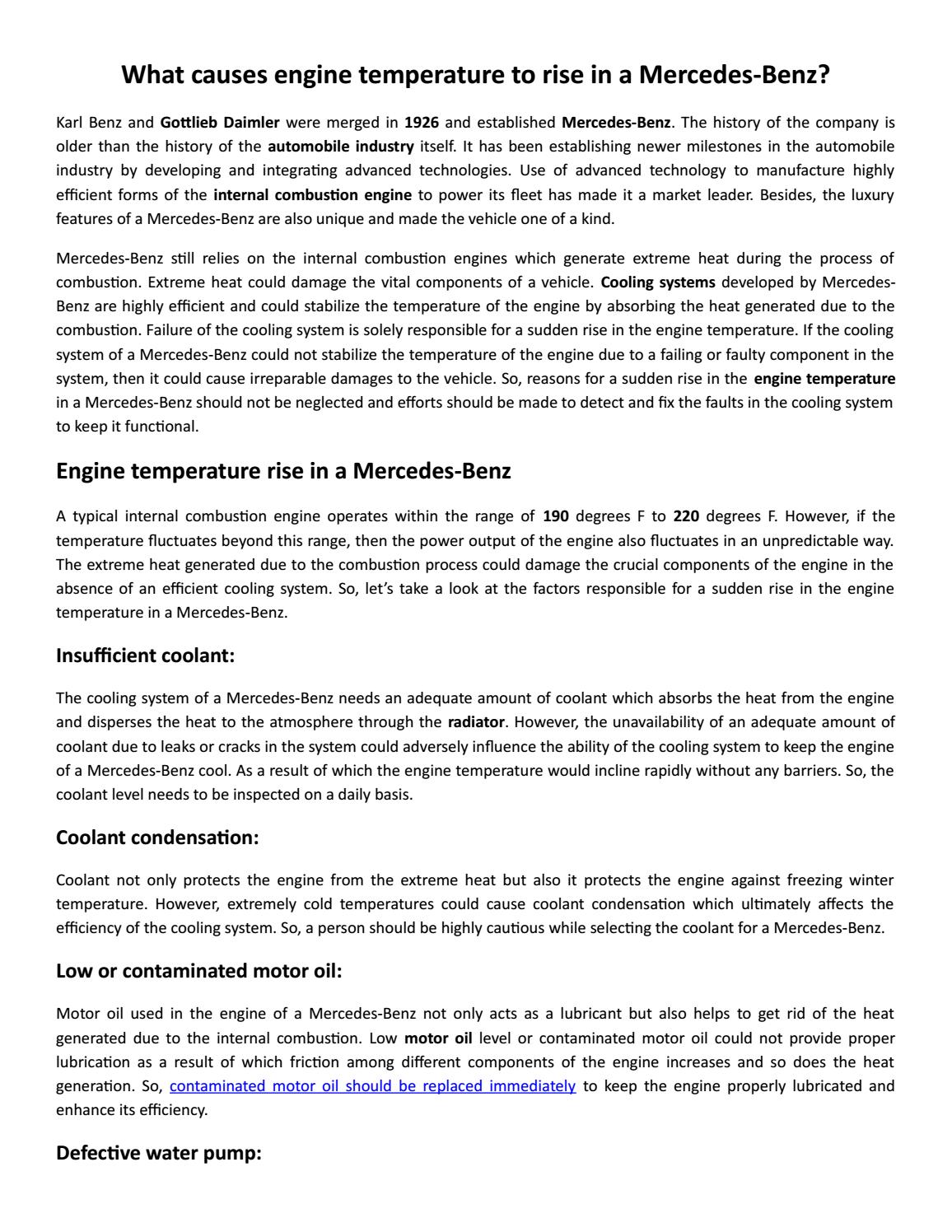 What causes engine temperature to rise in a MercedesBenz? by Keith Cox