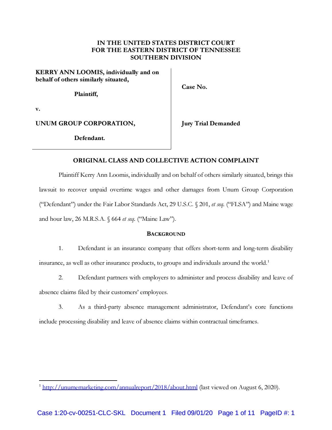 Loomis v. Unum Group Unum Group Unpaid Overtime Lawsuit Claim