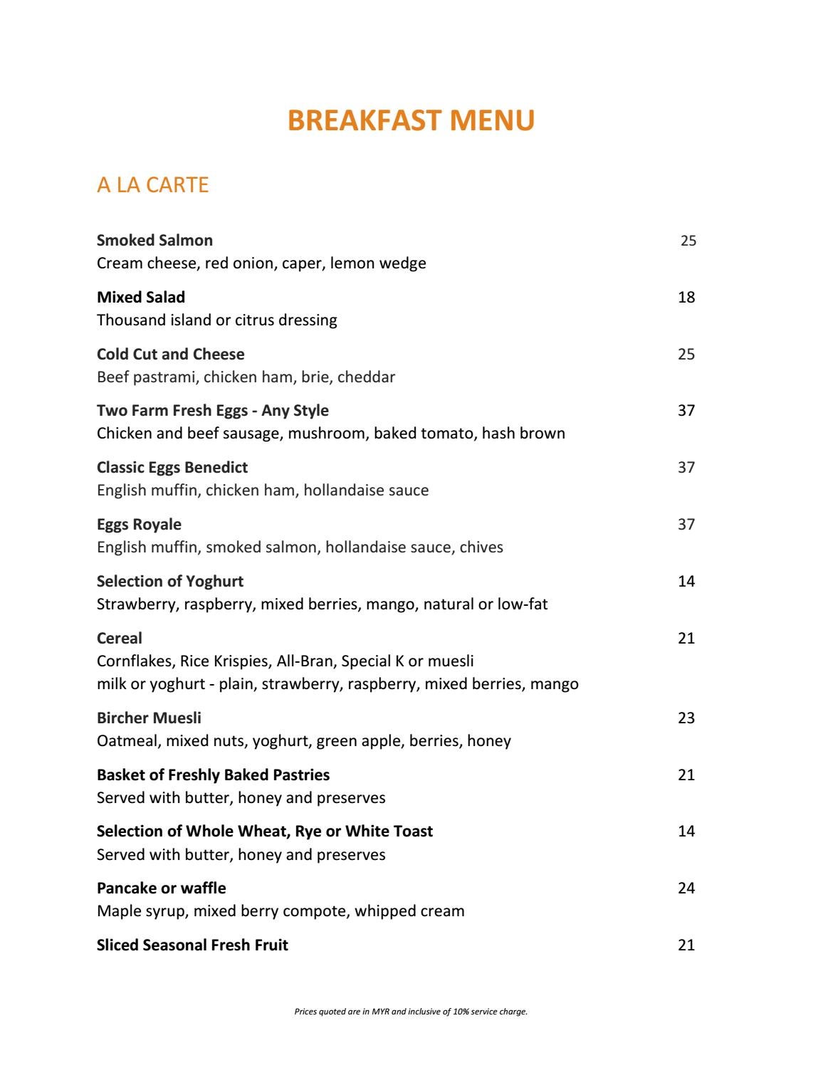 Menu A La Carte Breakfast Menu by Grand Hyatt Kuala Lumpur Issuu