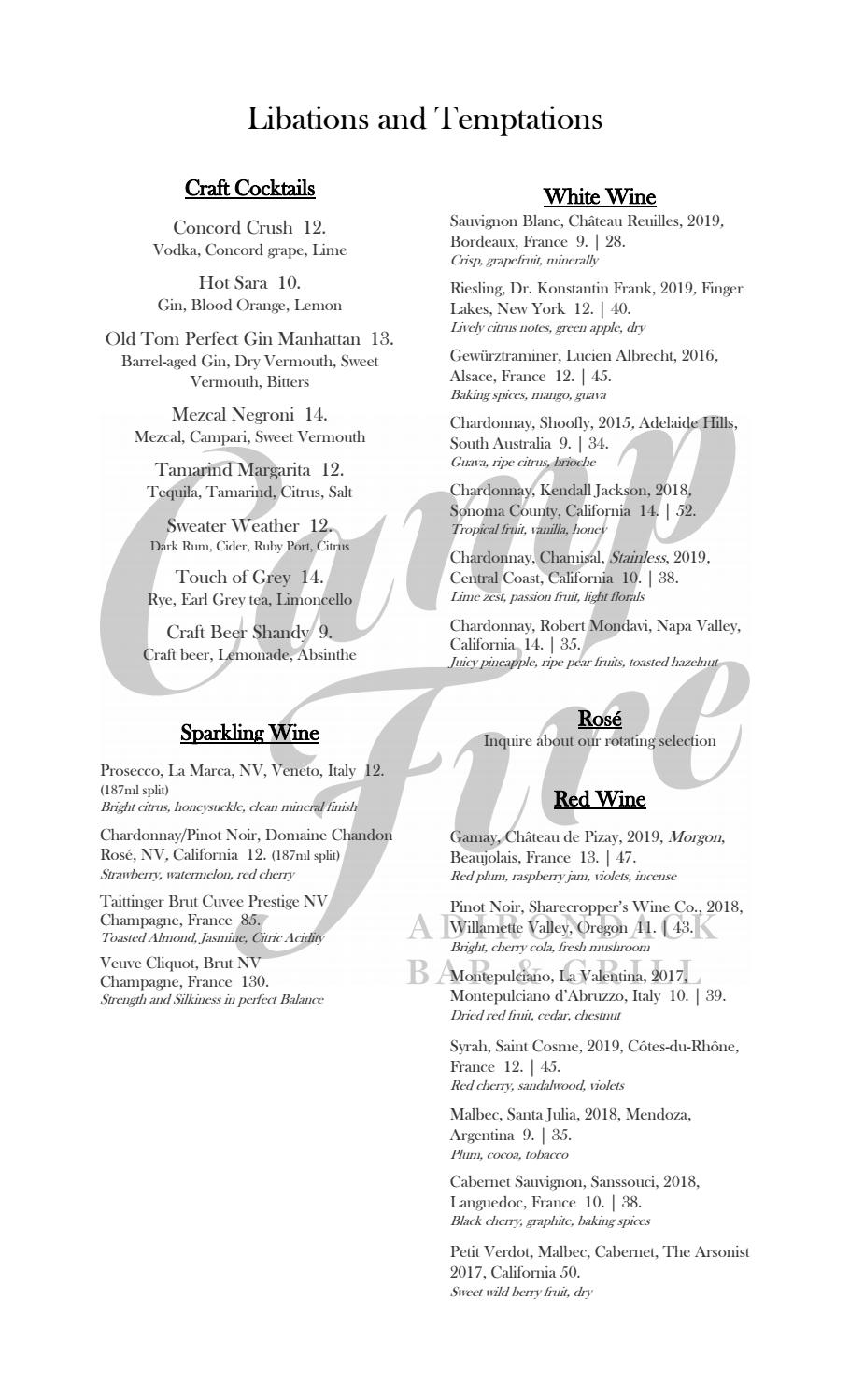 October 2020 Libations and Temptations Menu Campfire Adirondack Grill